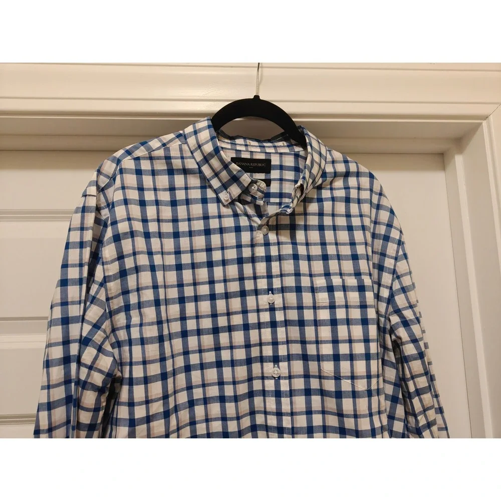 Banana Republic Mens‎ Blue White Plaid Untucked Fit Cotton Shirt Large 801165-23
